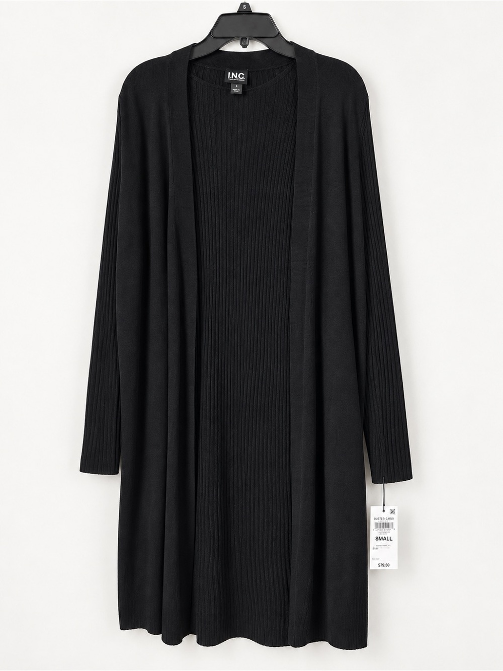 INC International Concepts Black Open-Front Long Duster Cardigan Size S NWT